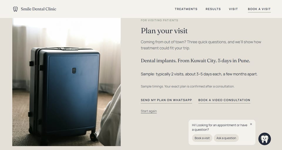 The visit planner on the Smile Dental demo site with a sample plan: dental implants, travelling from Kuwait City, five days in Pune.